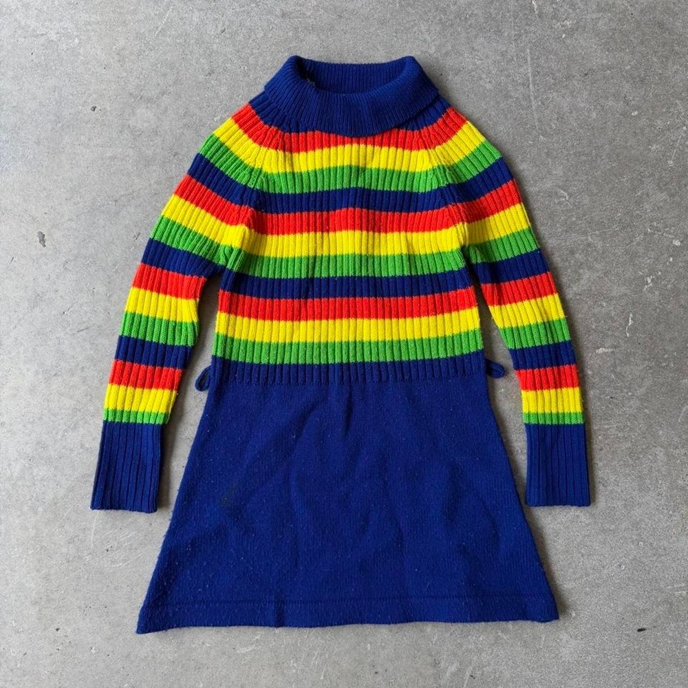 Vintage Alyssa 70s Striped Sweater Dress Blue Green Yellow Red Mini